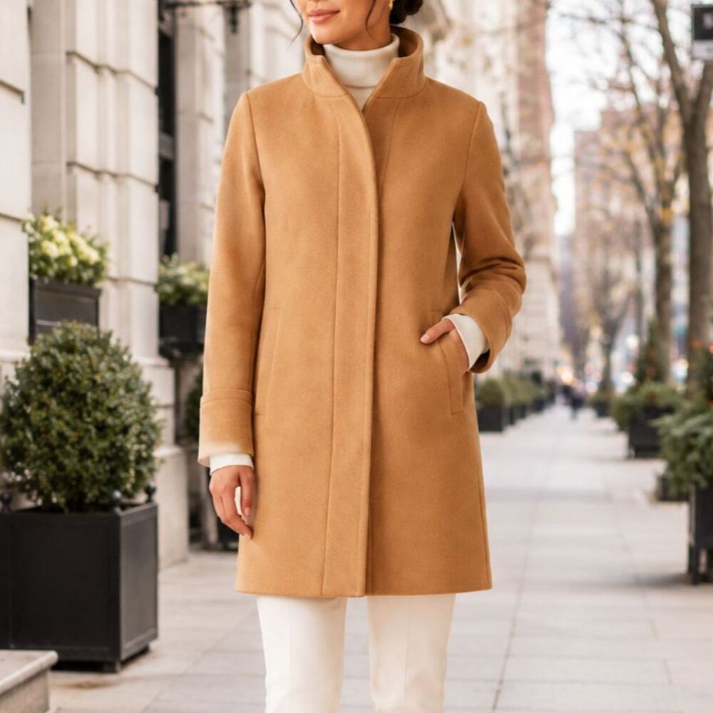 J.Crew City Coat Tan Wool Blend Standing Collar Quiet Luxury Coat Size 2 Classic